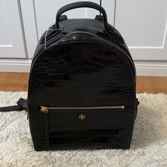 NWOT Tory Burch Black Croc-Embossed Mini Backpack with Gold Details